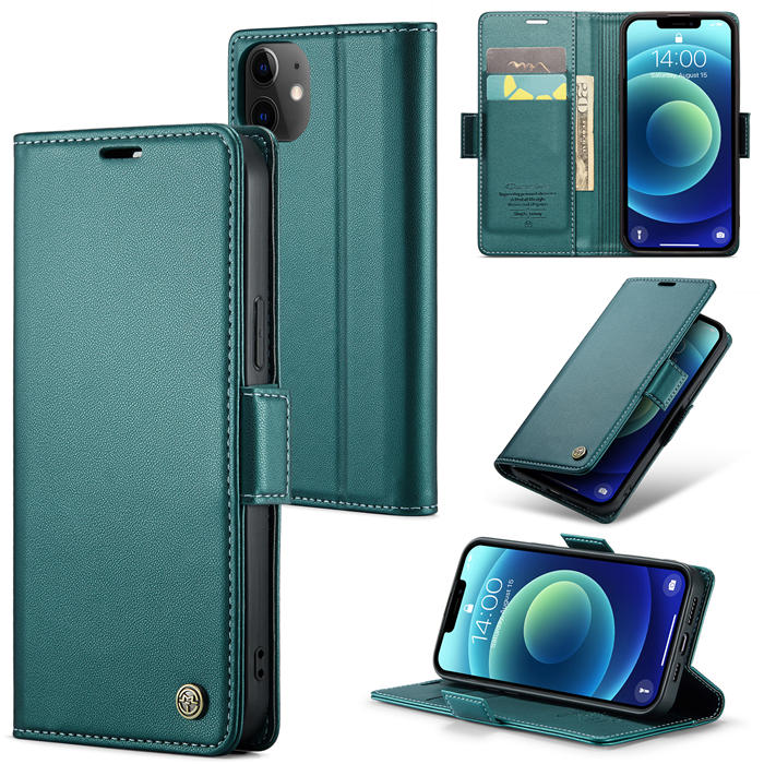 CaseMe iPhone 12 Mini Wallet RFID Blocking Magnetic Buckle Case Green - Click Image to Close