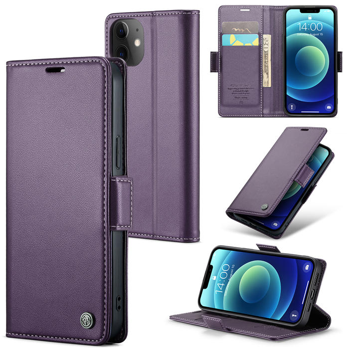 CaseMe iPhone 12 Mini Wallet RFID Blocking Magnetic Buckle Case Purple - Click Image to Close