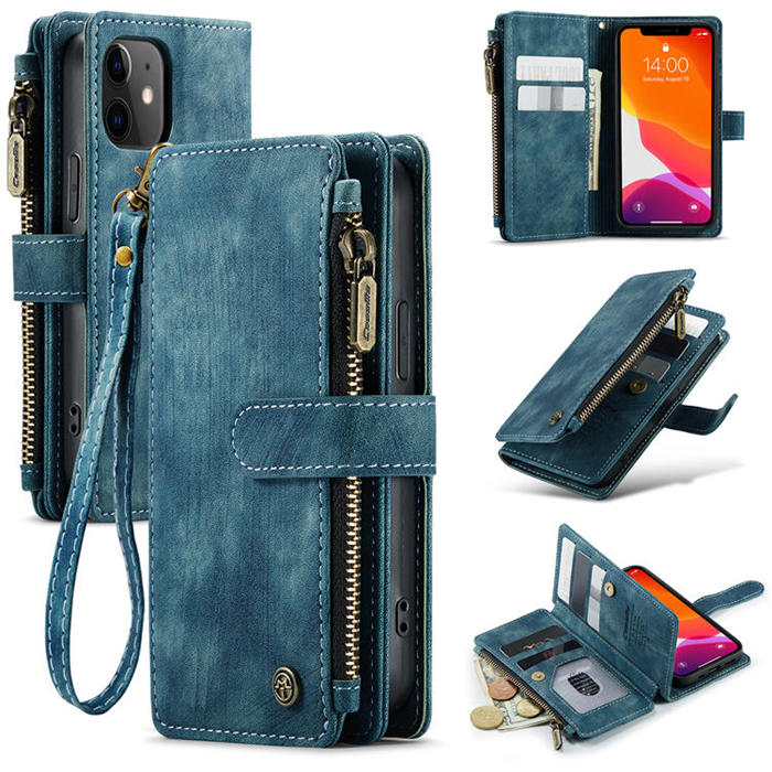 CaseMe iPhone 12 Mini Zipper Wallet Kickstand Case Blue - Click Image to Close