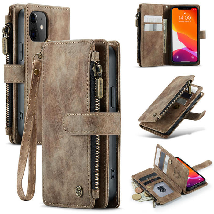 CaseMe iPhone 12 Mini Zipper Wallet Kickstand Case Coffee - Click Image to Close