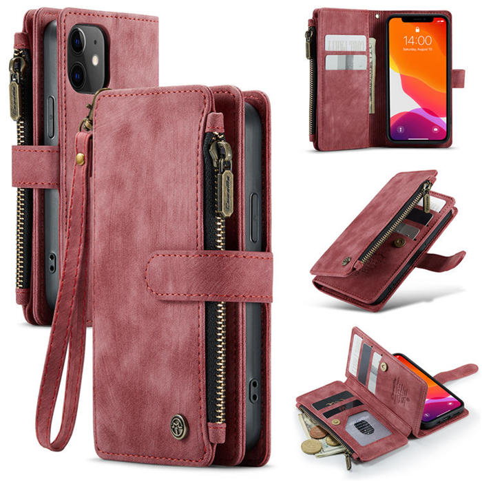 CaseMe iPhone 12 Mini Zipper Wallet Kickstand Case Red - Click Image to Close
