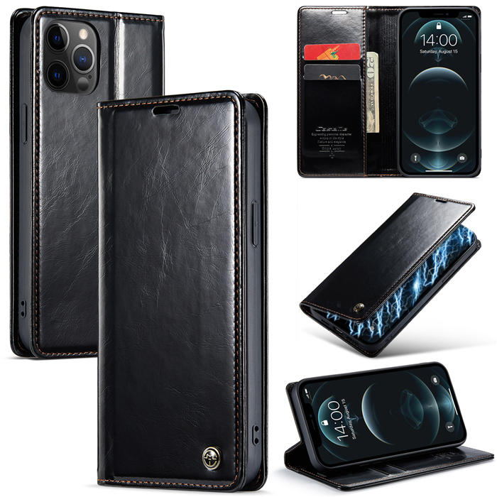 CaseMe iPhone 12/12 Pro Wallet Kickstand Magnetic Case Black - Click Image to Close