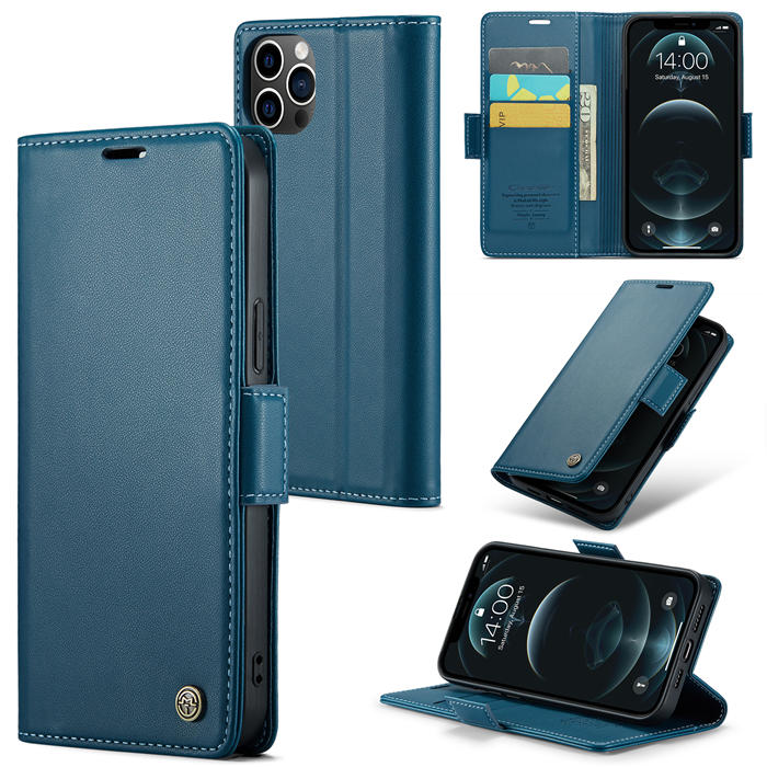CaseMe iPhone 12 Pro Max Wallet RFID Blocking Magnetic Buckle Case Blue - Click Image to Close