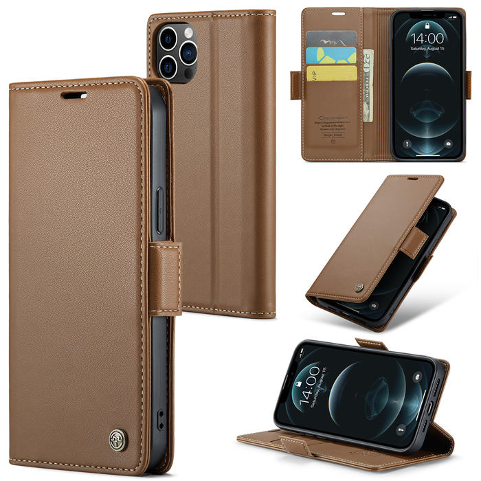CaseMe iPhone 12 Pro Max Wallet RFID Blocking Magnetic Buckle Case Brown