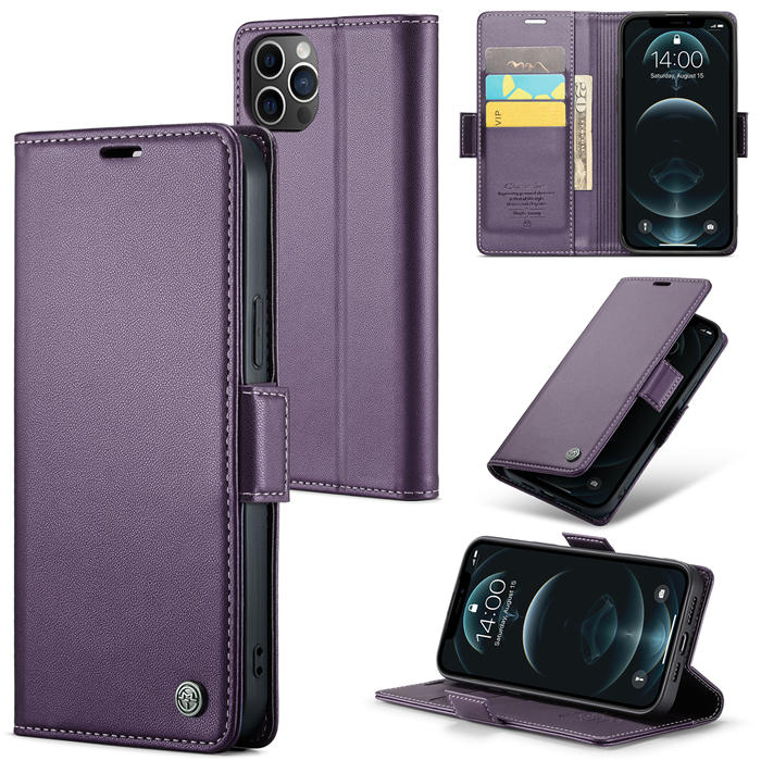 CaseMe iPhone 12 Pro Max Wallet RFID Blocking Magnetic Buckle Case Purple - Click Image to Close