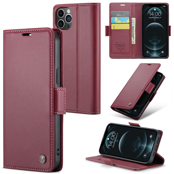 CaseMe iPhone 12 Pro Max Wallet RFID Blocking Magnetic Buckle Case Red - Click Image to Close