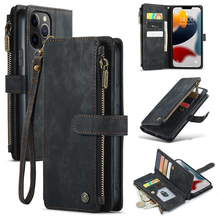 CaseMe iPhone 12 Pro Max Zipper Wallet Kickstand Case Black - Click Image to Close