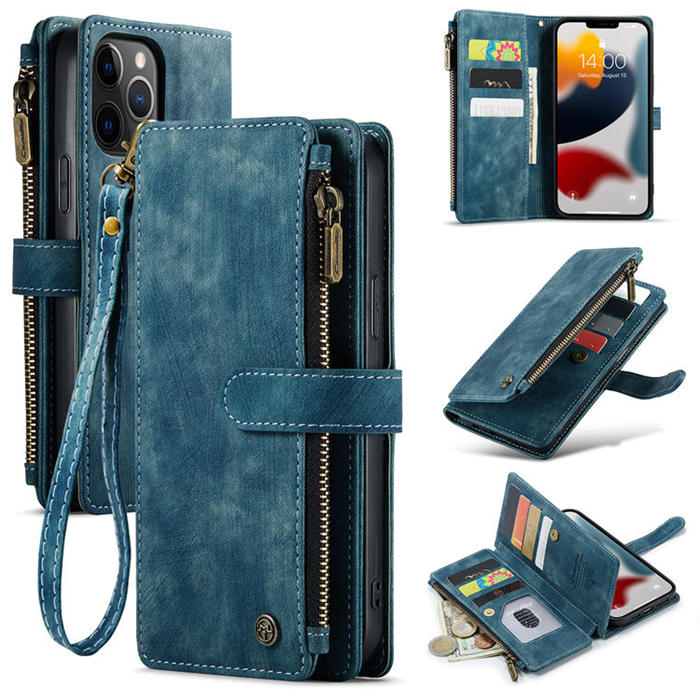 CaseMe iPhone 12 Pro Max Zipper Wallet Kickstand Case Blue - Click Image to Close