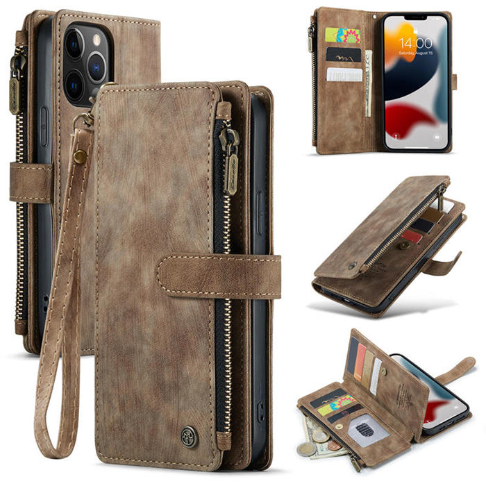 CaseMe iPhone 12 Pro Max Zipper Wallet Kickstand Case Coffee - Click Image to Close