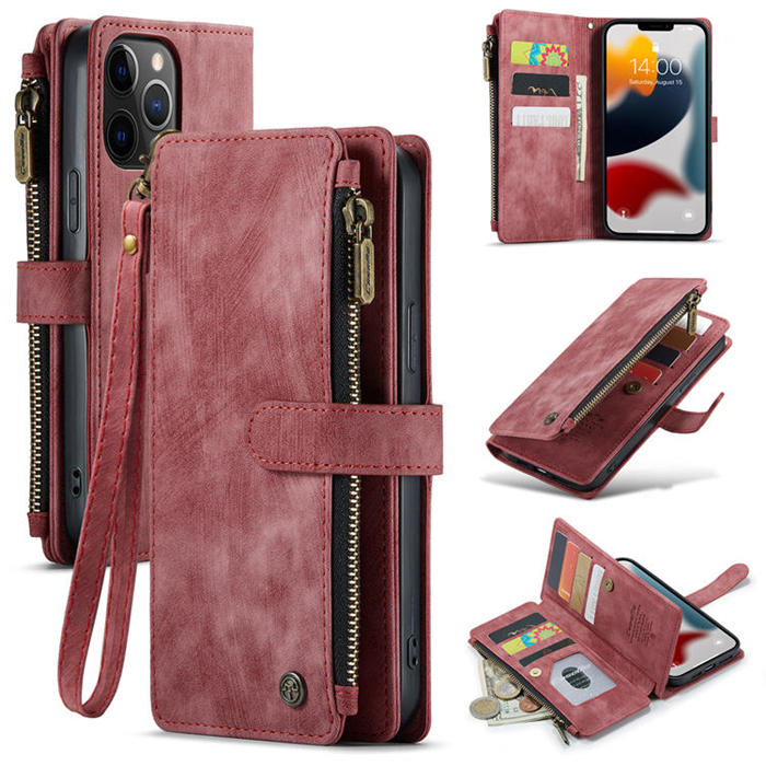 CaseMe iPhone 12 Pro Max Zipper Wallet Kickstand Case Red - Click Image to Close