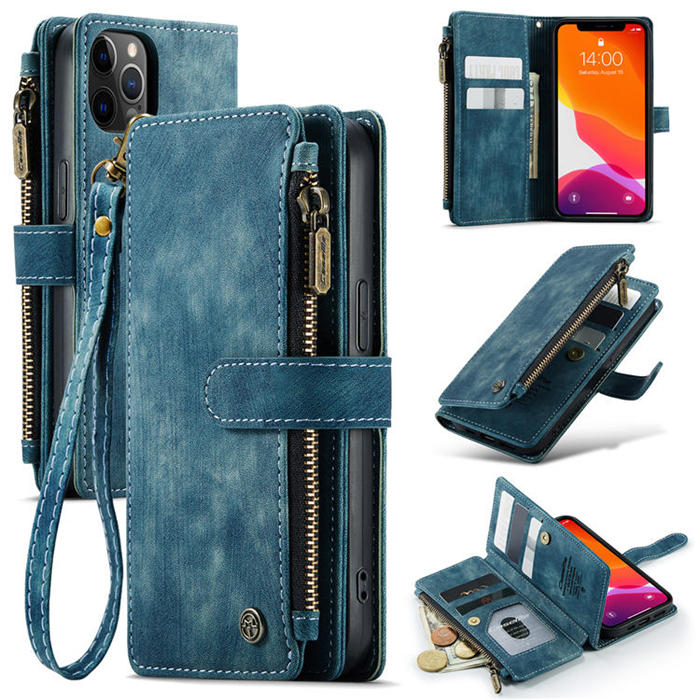 CaseMe iPhone 12/12 Pro Zipper Wallet Kickstand Case Blue - Click Image to Close