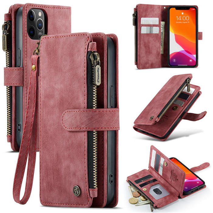 CaseMe iPhone 12/12 Pro Zipper Wallet Kickstand Case Red - Click Image to Close