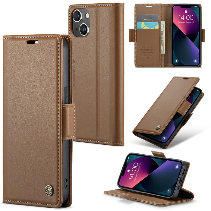 CaseMe iPhone 13 Mini Wallet RFID Blocking Magnetic Buckle Case Brown - Click Image to Close