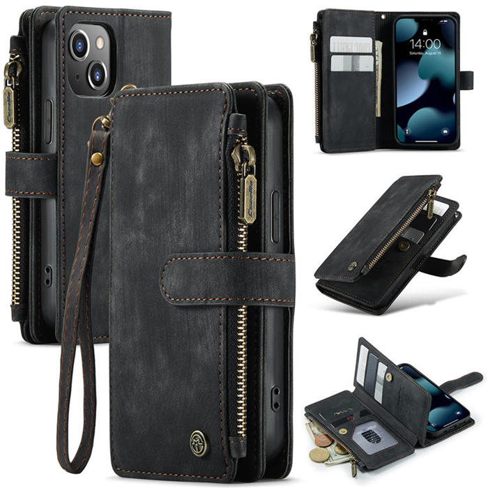 CaseMe iPhone 13 Mini Zipper Wallet Kickstand Retro Case Black - Click Image to Close