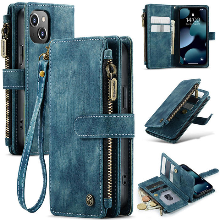 CaseMe iPhone 13 Mini Zipper Wallet Kickstand Retro Case Blue - Click Image to Close