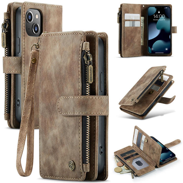 CaseMe iPhone 13 Mini Zipper Wallet Kickstand Retro Case Coffee - Click Image to Close