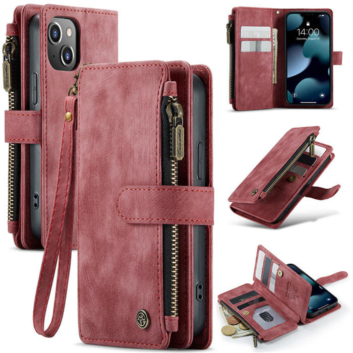 CaseMe iPhone 13 Mini Zipper Wallet Kickstand Retro Case Red - Click Image to Close