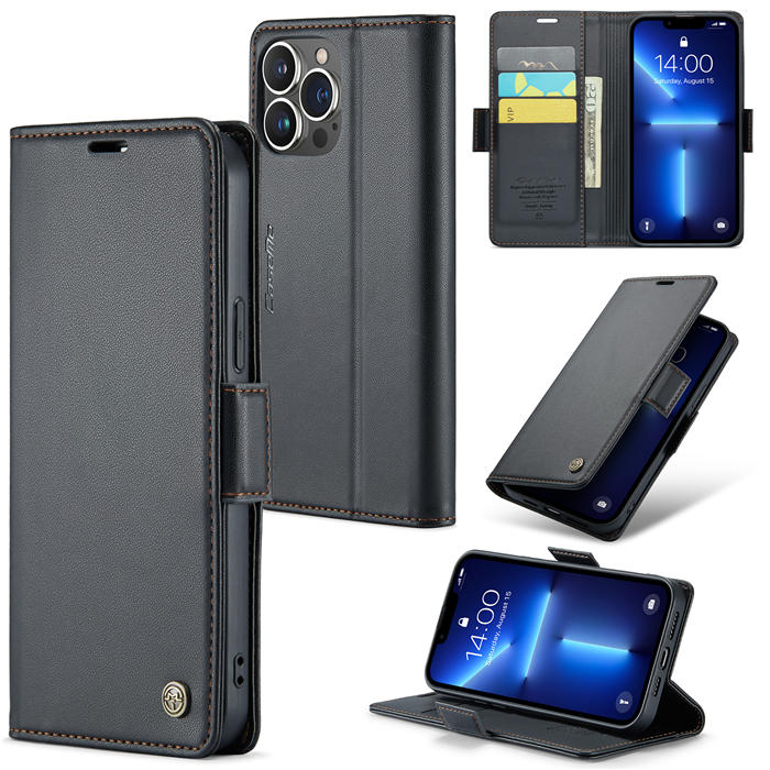 CaseMe iPhone 13 Pro Max Wallet RFID Blocking Magnetic Buckle Case Black - Click Image to Close