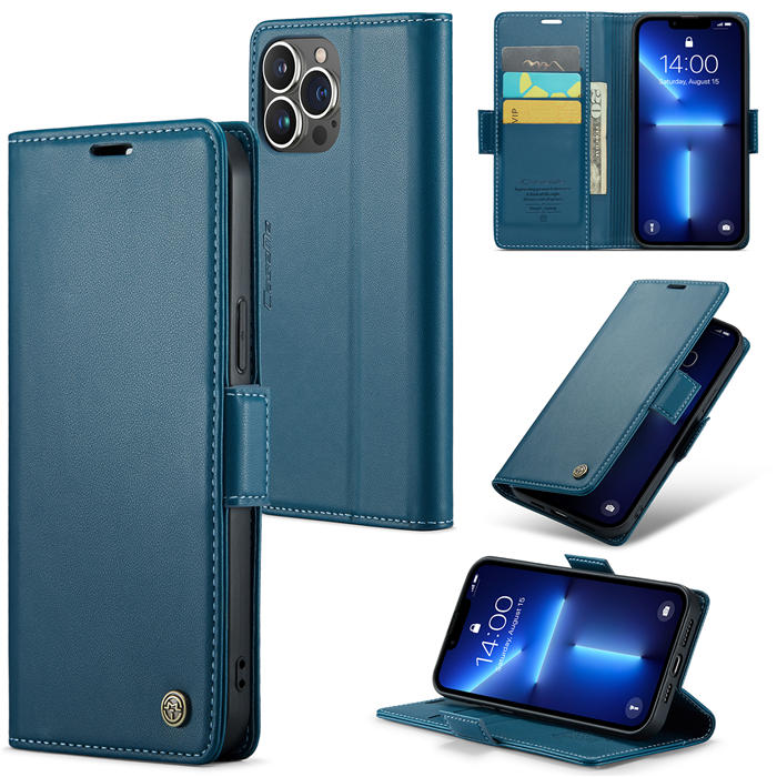 CaseMe iPhone 13 Pro Wallet RFID Blocking Magnetic Buckle Case Blue