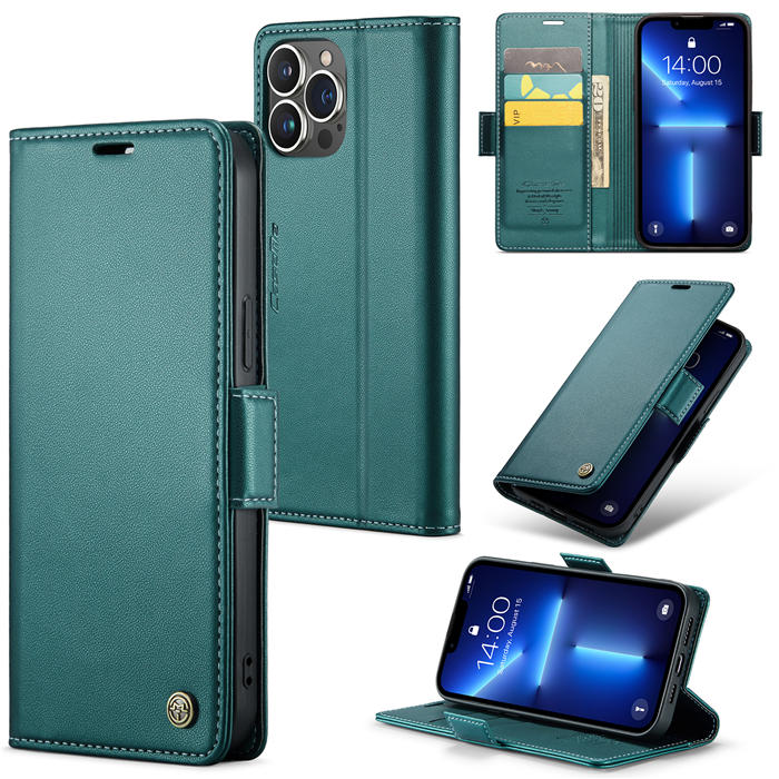 CaseMe iPhone 13 Pro Wallet RFID Blocking Magnetic Buckle Case Green - Click Image to Close
