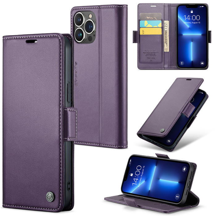 CaseMe iPhone 13 Pro Max Wallet RFID Blocking Magnetic Buckle Case Purple
