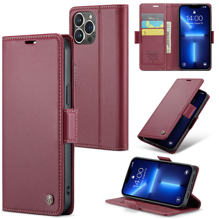 CaseMe iPhone 13 Pro Wallet RFID Blocking Magnetic Buckle Case Red
