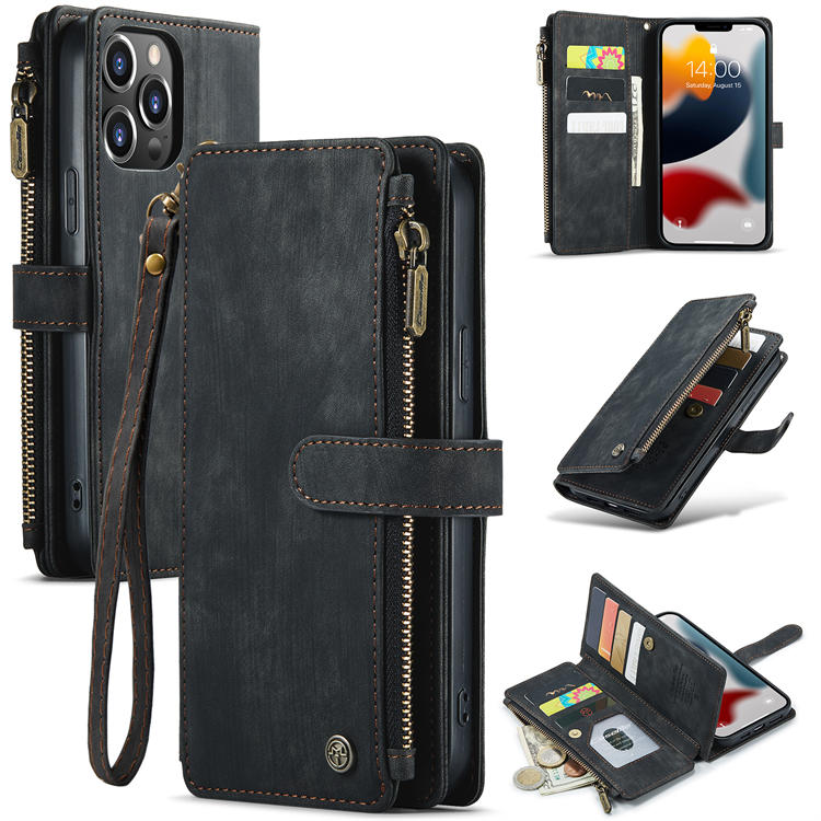 CaseMe iPhone 13 Pro Max Zipper Wallet Kickstand Case Black - Click Image to Close