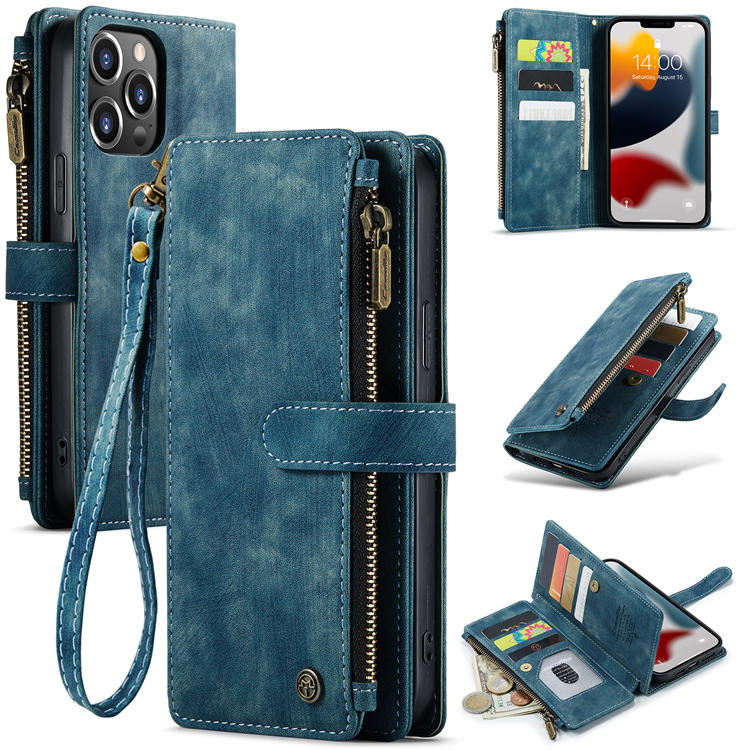 CaseMe iPhone 13 Pro Max Zipper Wallet Kickstand Case Blue