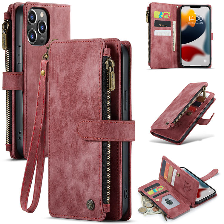 CaseMe iPhone 13 Pro Max Zipper Wallet Kickstand Case Red - Click Image to Close