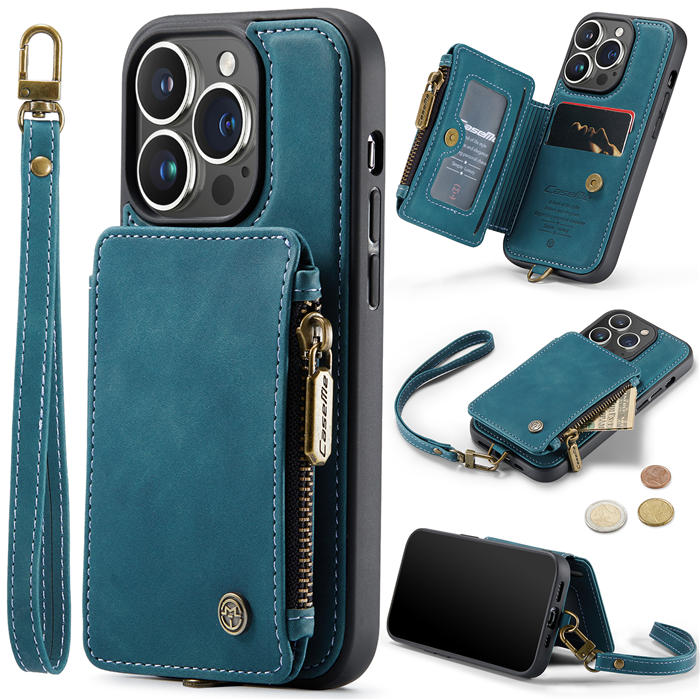 CaseMe iPhone 12 Pro Wallet RFID Blocking Case with Wrist Strap Blue