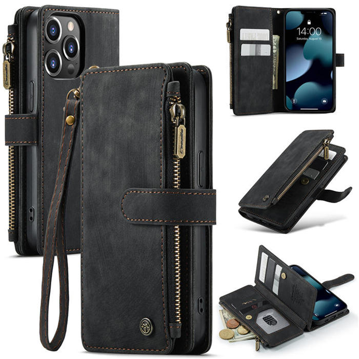 CaseMe iPhone 13 Pro Zipper Wallet Kickstand Retro Case Black - Click Image to Close