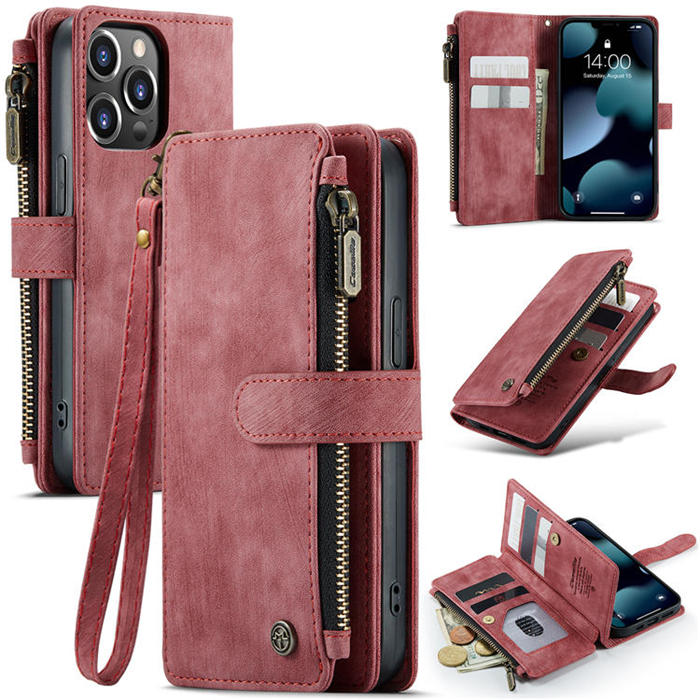 CaseMe iPhone 13 Pro Zipper Wallet Kickstand Retro Case Red - Click Image to Close