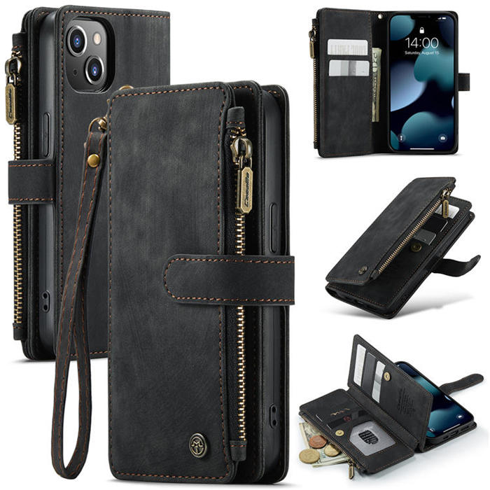 CaseMe iPhone 13 Zipper Wallet Kickstand Retro Case Black - Click Image to Close