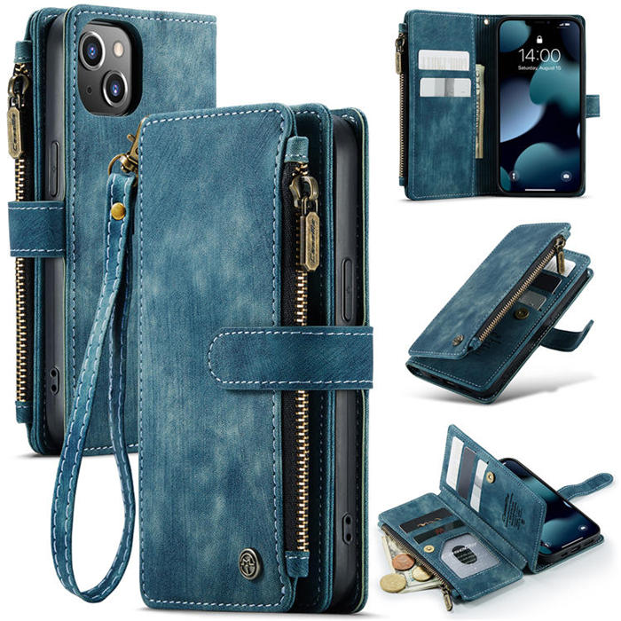 CaseMe iPhone 13 Zipper Wallet Kickstand Retro Case Blue - Click Image to Close