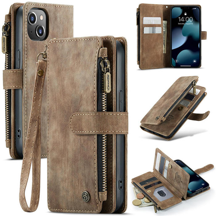 CaseMe iPhone 13 Zipper Wallet Kickstand Retro Case Coffee - Click Image to Close