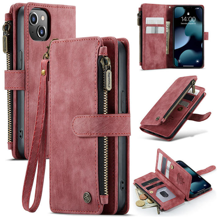 CaseMe iPhone 13 Zipper Wallet Kickstand Retro Case Red - Click Image to Close