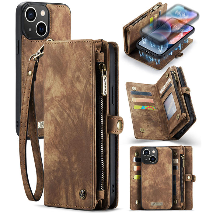 CaseMe iPhone 13 Wallet Magnetic Case with Wrist Strap Coffee