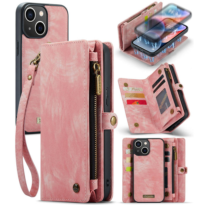 CaseMe iPhone 13 Wallet Magnetic Case with Wrist Strap Pink