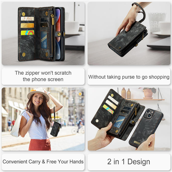CaseMe iPhone 14 Zipper Wallet Magnetic Detachable 2 in 1 Case