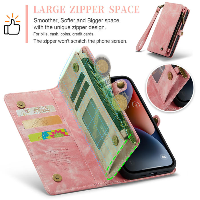 CaseMe iPhone 14 Zipper Wallet Magnetic Detachable 2 in 1 Case