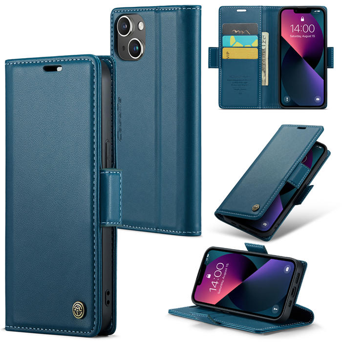 CaseMe iPhone 14 Plus Wallet RFID Blocking Magnetic Buckle Case Blue