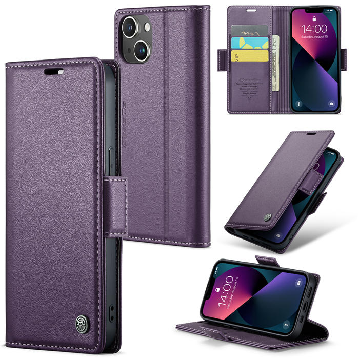 CaseMe iPhone 14 Wallet RFID Blocking Magnetic Buckle Case Purple - Click Image to Close