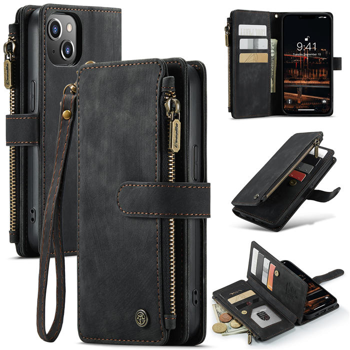 CaseMe iPhone 14 Plus Zipper Wallet Case with Wrist Strap Black