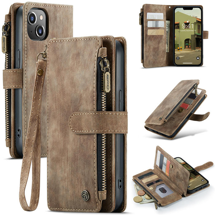CaseMe iPhone 14 Plus Zipper Wallet Case with Wrist Strap Coffee