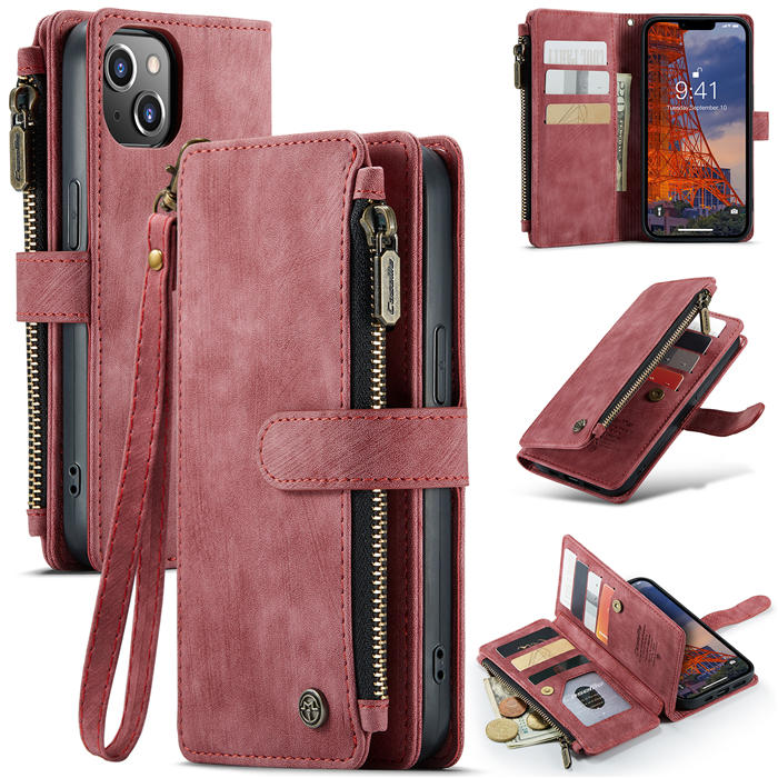 CaseMe iPhone 14 Plus Zipper Wallet Case with Wrist Strap Red