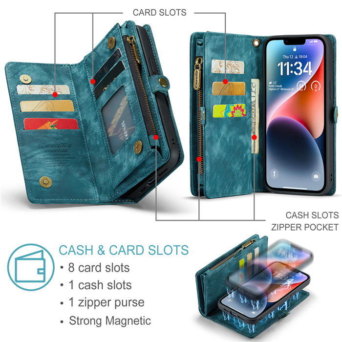 CaseMe iPhone 14 Plus Zipper Wallet Magnetic Detachable 2 in 1 Case