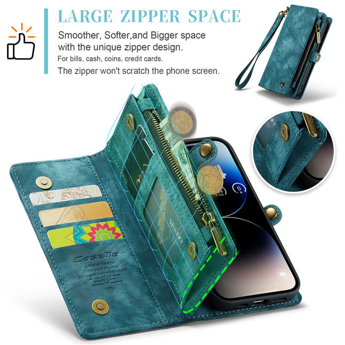 CaseMe iPhone 14 Pro Zipper Wallet Magnetic Detachable 2 in 1 Case