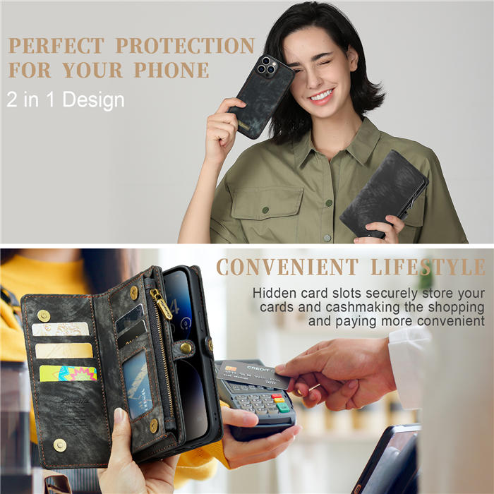 CaseMe iPhone 14 Pro Max Zipper Wallet Magnetic Detachable 2 in 1 Case
