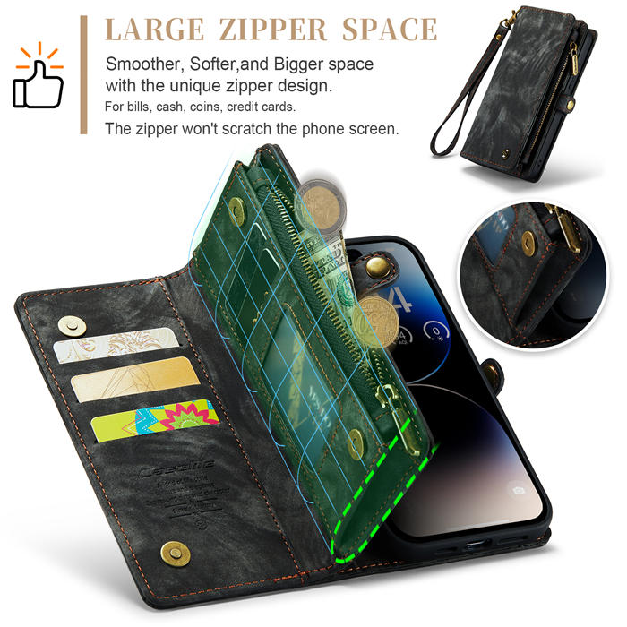 CaseMe iPhone 14 Pro Max Zipper Wallet Magnetic Detachable 2 in 1 Case