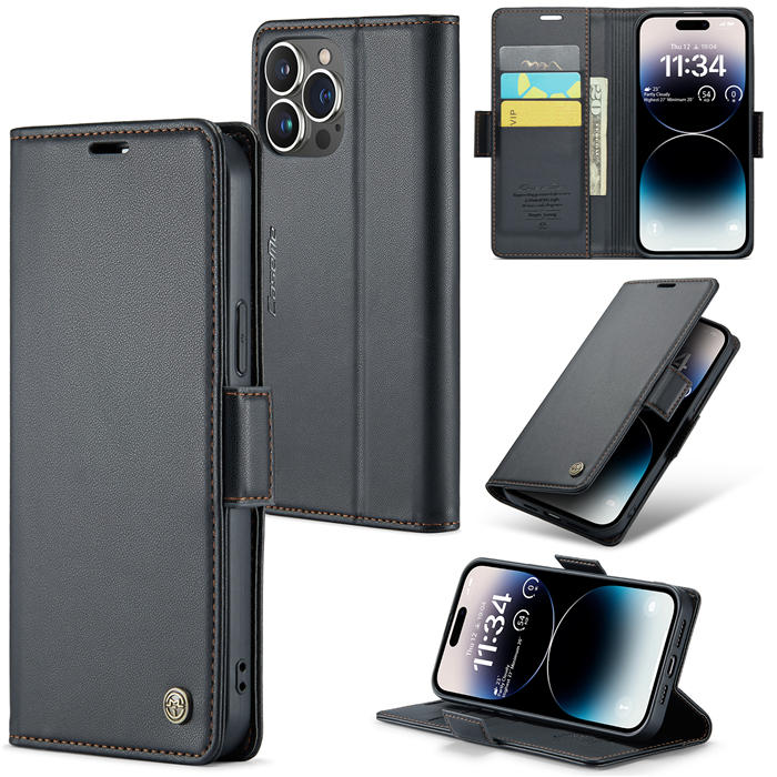 CaseMe iPhone 14 Pro Wallet RFID Blocking Magnetic Buckle Case Black - Click Image to Close